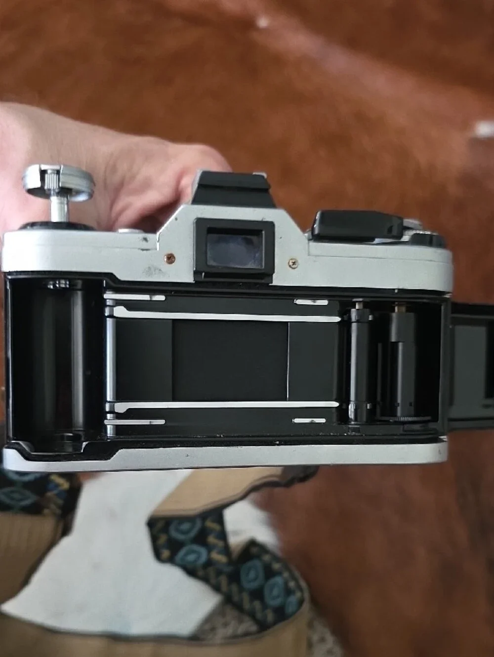 Canon 35mm Film Camera in Silver and Black with Tan Patterned Strap Vintage